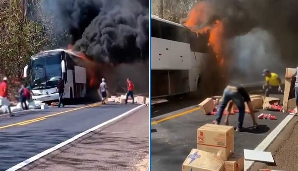 Vídeo mostra passageiros fugindo de ônibus que pegou fogo na BR-153