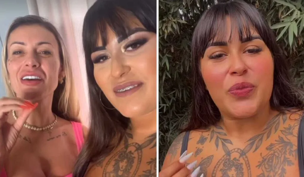 Andressa Urach grava com Morena GG e toma leite materno